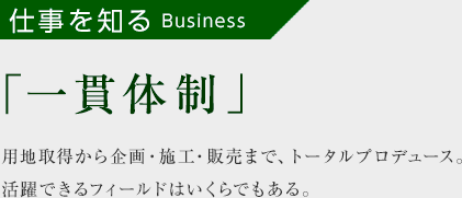 仕事を知る「一貫体制」用地取得から企画・施工・販売まで、トータルプロデュース。活躍できるフィールドはいくらでもある。